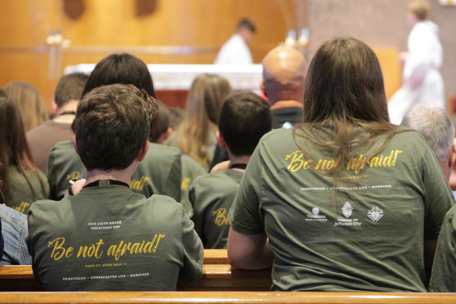 Catholic sixth-graders from throughout the Jefferson City diocese wear their T-shirts proclaiming “Be not afraid!” during Mass at Sixth Grade Vocations Day on May 3 in Our Lady of Lourdes Church and Our Lady of Lourdes Interparish School in Columbia. Participants learned about Marriage, Priesthood and Consecrated Religious Life and every Christian’s call to pursue holiness.